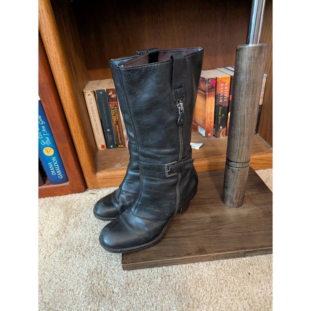 Biviel Women's Size 7.5 Black Leather Heeled Mid Calf Zip Up Booties Boots